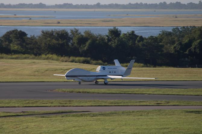The NASA Global Hawk 872 lands at 7:43 a.m. EDT, August 27, at the Wallops Flight Facility in Virginia following a 22-hour transit flight from its home base at the Armstrong Flight Research Center in California. 