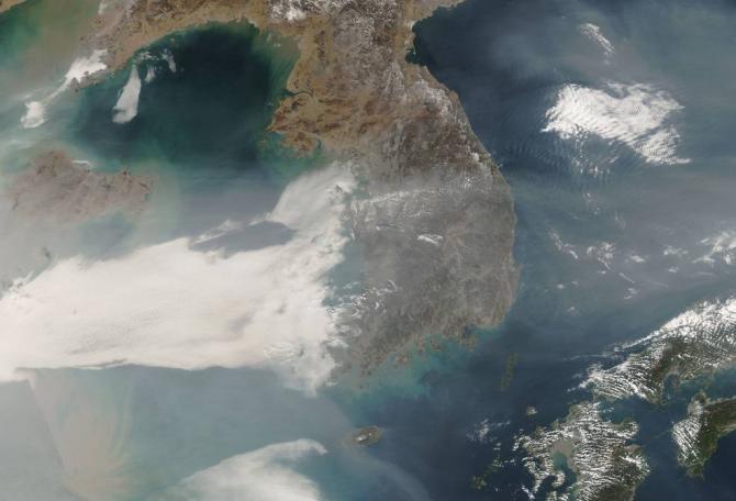 A new field study this May and June seeks to advance NASA’s ability to monitor air quality from space. This 2007 NASA satellite image shows a swath of air pollution sweeping east across the Korean peninsula to Japan.
