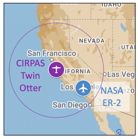 PACE-PAX operational area in southern and central California. The ER-2 is based in southern california, the CIRPAS Twin Otter in coastal central california. A 500nm range circle is drawn around the Twin Otter base; range for the ER-2 extends beyond the limits of the map