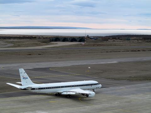 NASA DC-8 in Punta Arenas, Chile 2012 - Magellan Strait in the background